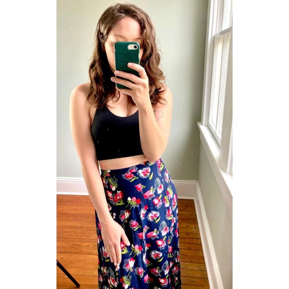 Vintage 90s Floral Navy Blue Hot Pink Cottagecore Grunge Flutter Maxi Skirt 12 - Picture 8 of 8